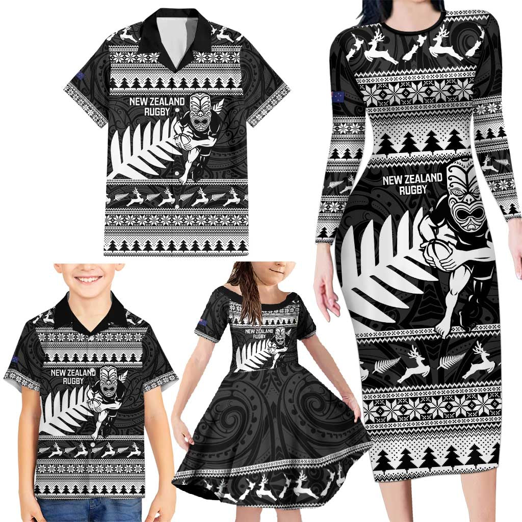New Zealand Christmas Rugby Personalised Family Matching Long Sleeve Bodycon Dress and Hawaiian Shirt Meri Kirihimete All Black Maori LT14 - Polynesian Pride