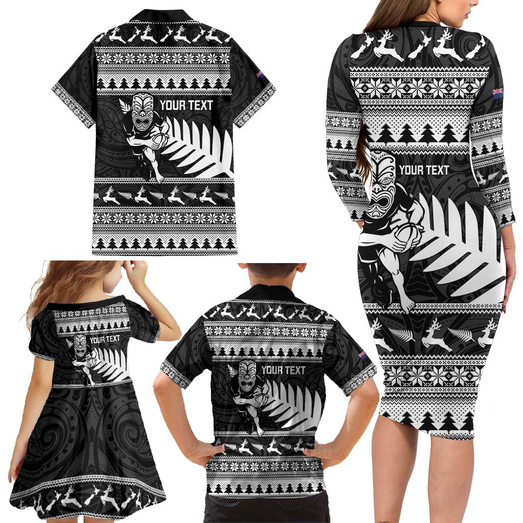 New Zealand Christmas Rugby Personalised Family Matching Long Sleeve Bodycon Dress and Hawaiian Shirt Meri Kirihimete All Black Maori LT14 - Polynesian Pride