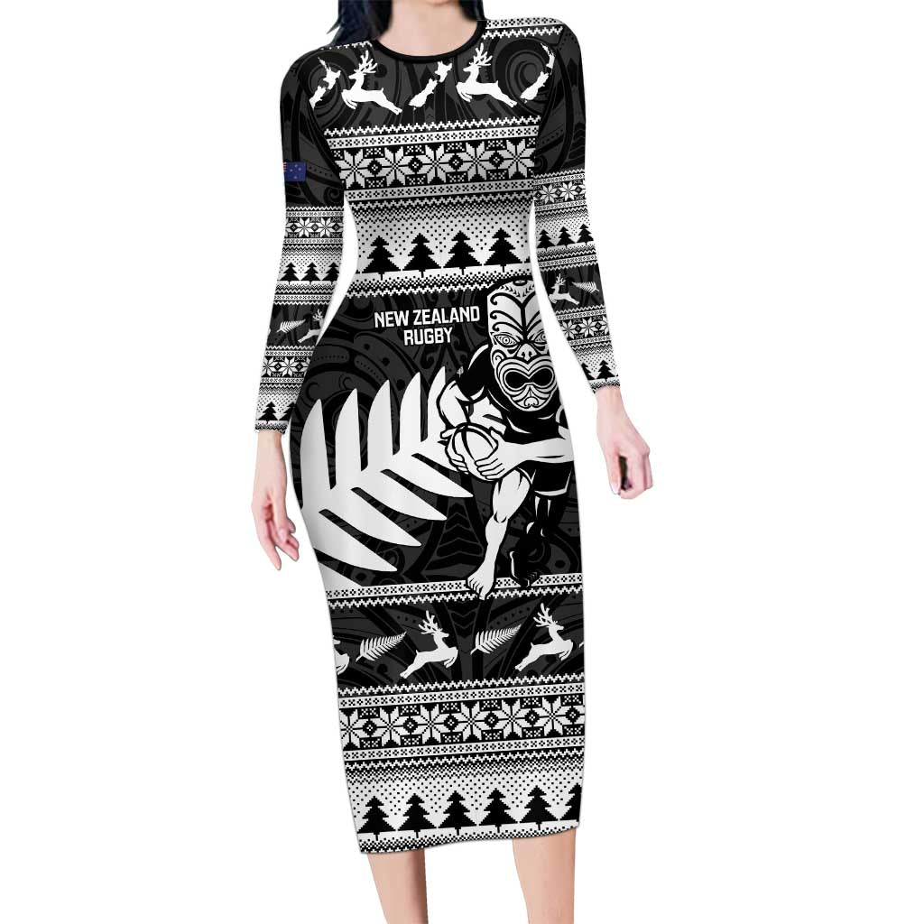 New Zealand Christmas Rugby Personalised Family Matching Long Sleeve Bodycon Dress and Hawaiian Shirt Meri Kirihimete All Black Maori LT14 Mom's Dress Black - Polynesian Pride