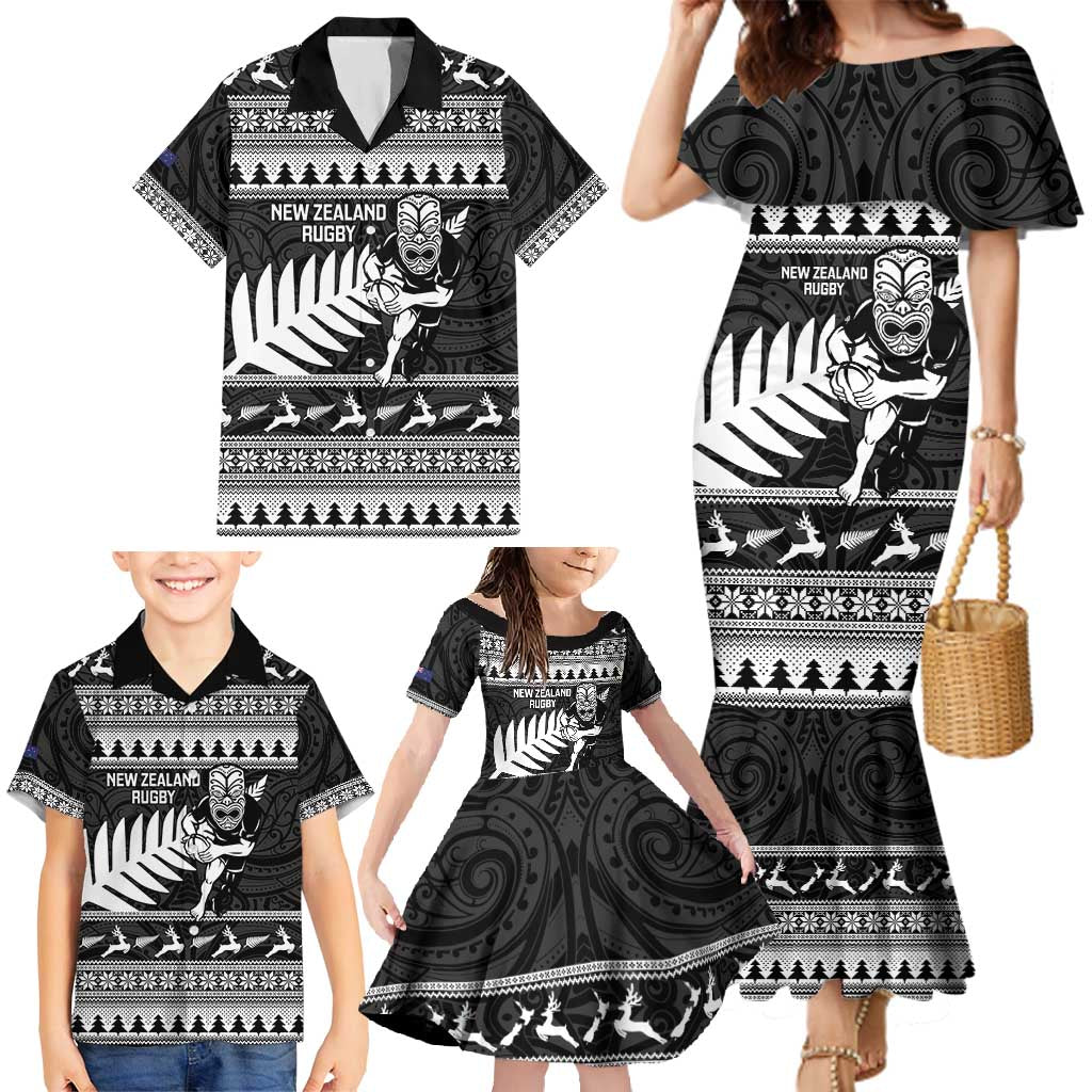 New Zealand Christmas Rugby Personalised Family Matching Mermaid Dress and Hawaiian Shirt Meri Kirihimete All Black Maori LT14 - Polynesian Pride