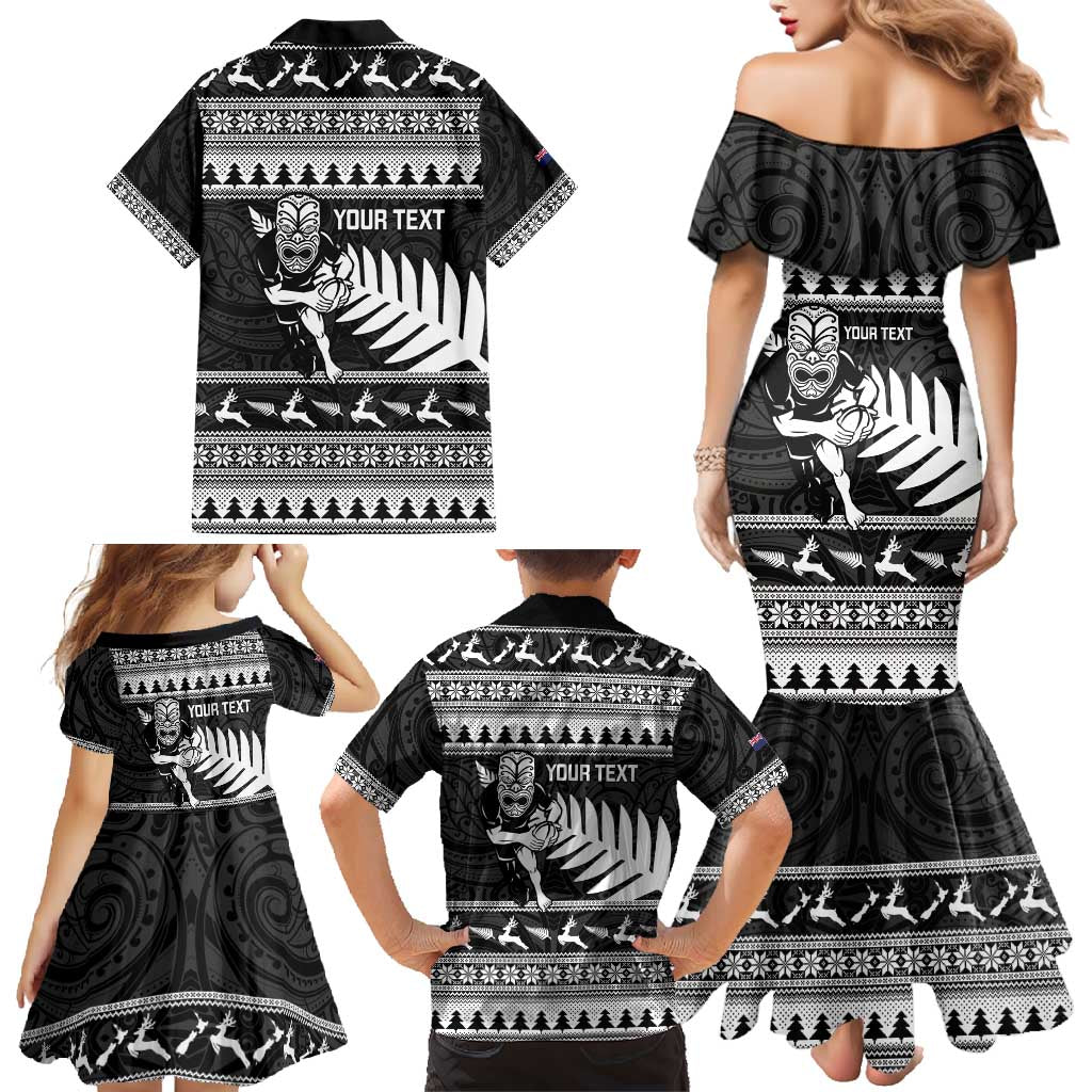 New Zealand Christmas Rugby Personalised Family Matching Mermaid Dress and Hawaiian Shirt Meri Kirihimete All Black Maori LT14 - Polynesian Pride