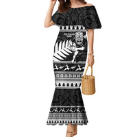 New Zealand Christmas Rugby Personalised Family Matching Mermaid Dress and Hawaiian Shirt Meri Kirihimete All Black Maori LT14 Mom's Dress Black - Polynesian Pride