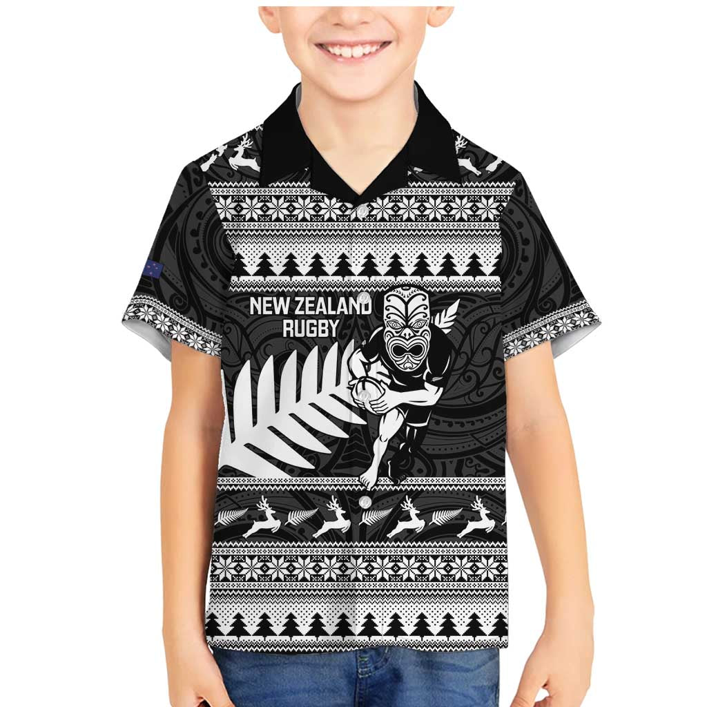 New Zealand Christmas Rugby Personalised Family Matching Mermaid Dress and Hawaiian Shirt Meri Kirihimete All Black Maori LT14 Son's Shirt Black - Polynesian Pride