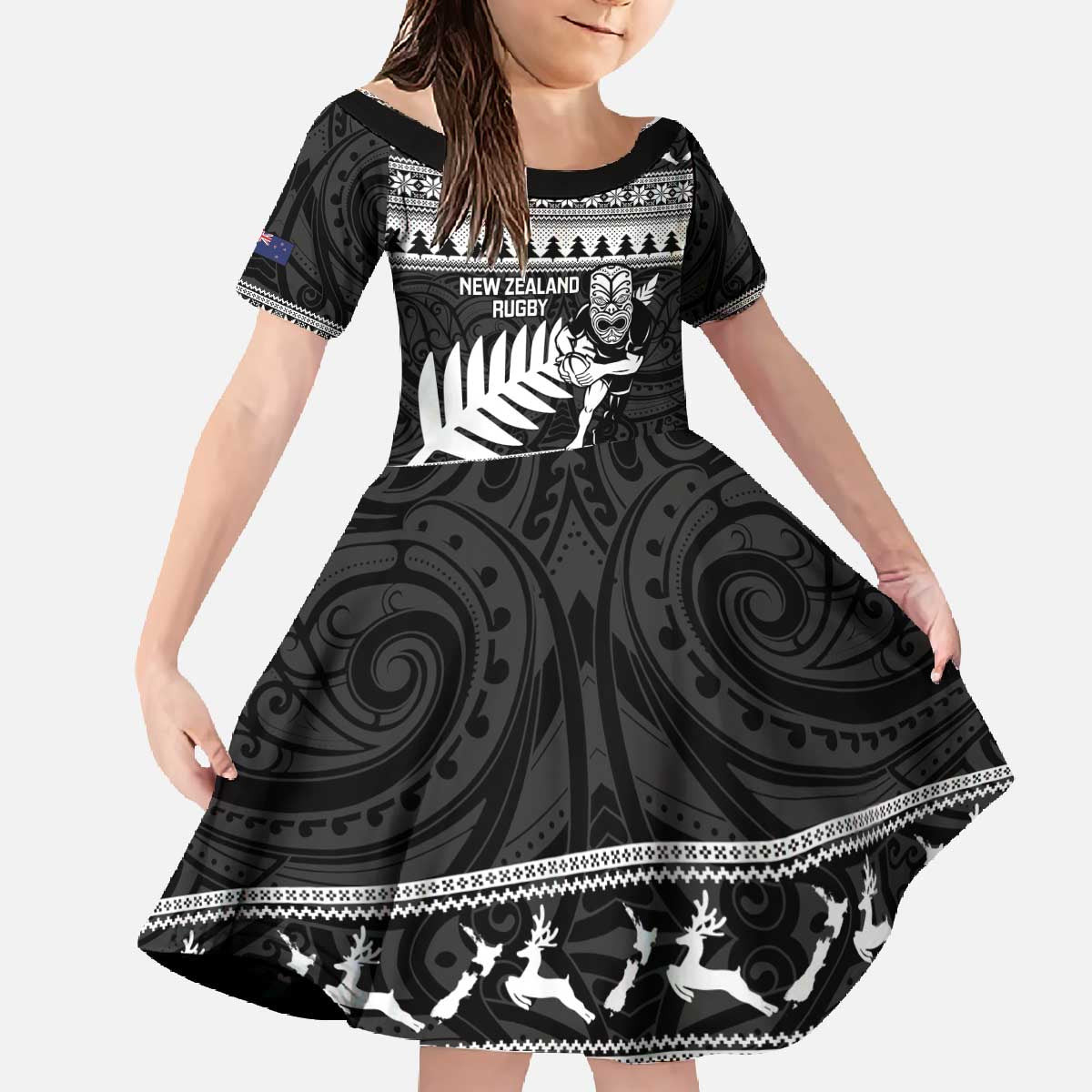 New Zealand Christmas Rugby Personalised Family Matching Off The Shoulder Long Sleeve Dress and Hawaiian Shirt Meri Kirihimete All Black Maori LT14 Daughter's Dress Black - Polynesian Pride