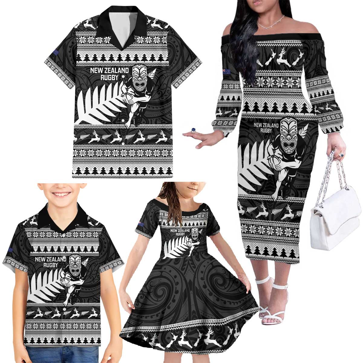 New Zealand Christmas Rugby Personalised Family Matching Off The Shoulder Long Sleeve Dress and Hawaiian Shirt Meri Kirihimete All Black Maori LT14 - Polynesian Pride