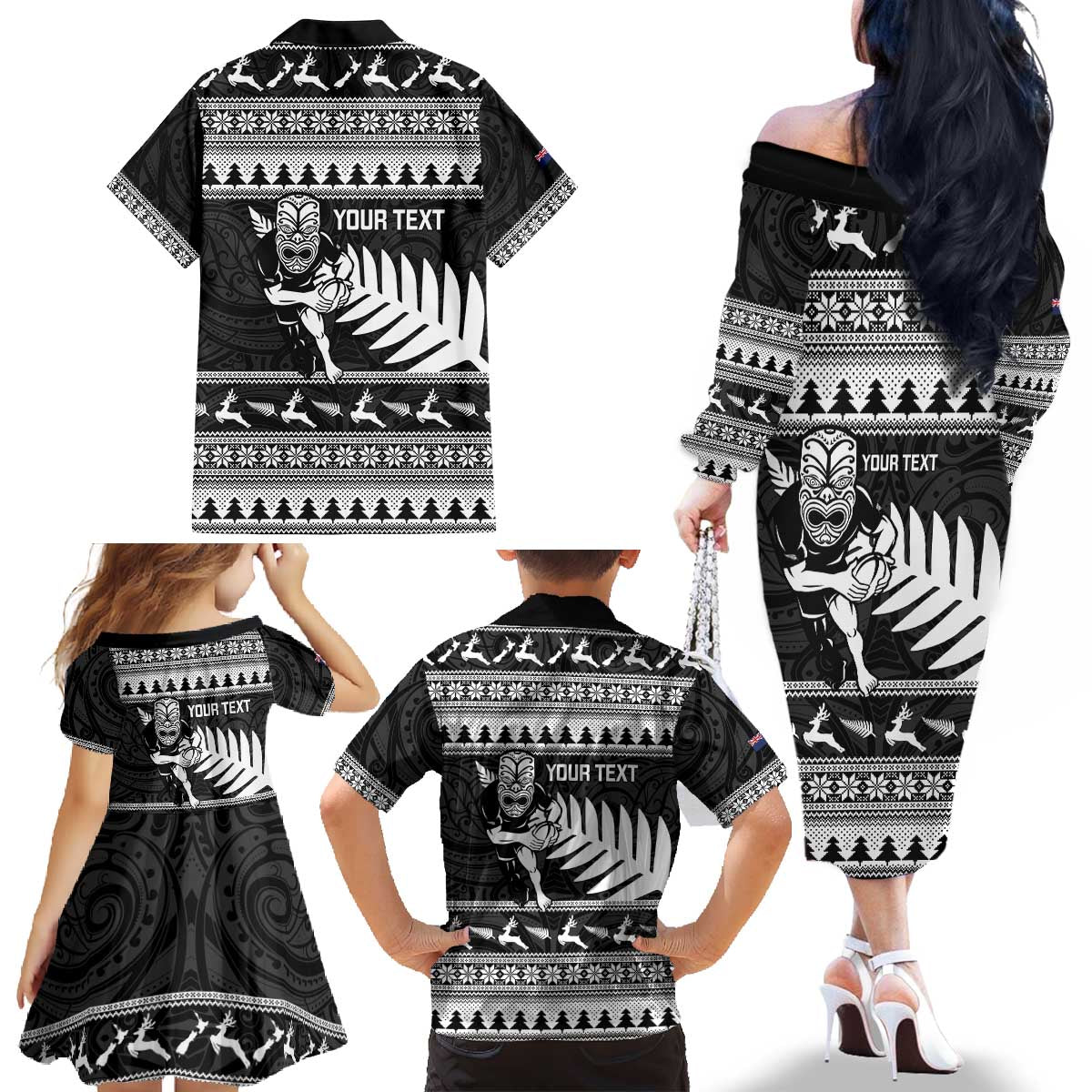 New Zealand Christmas Rugby Personalised Family Matching Off The Shoulder Long Sleeve Dress and Hawaiian Shirt Meri Kirihimete All Black Maori LT14 - Polynesian Pride