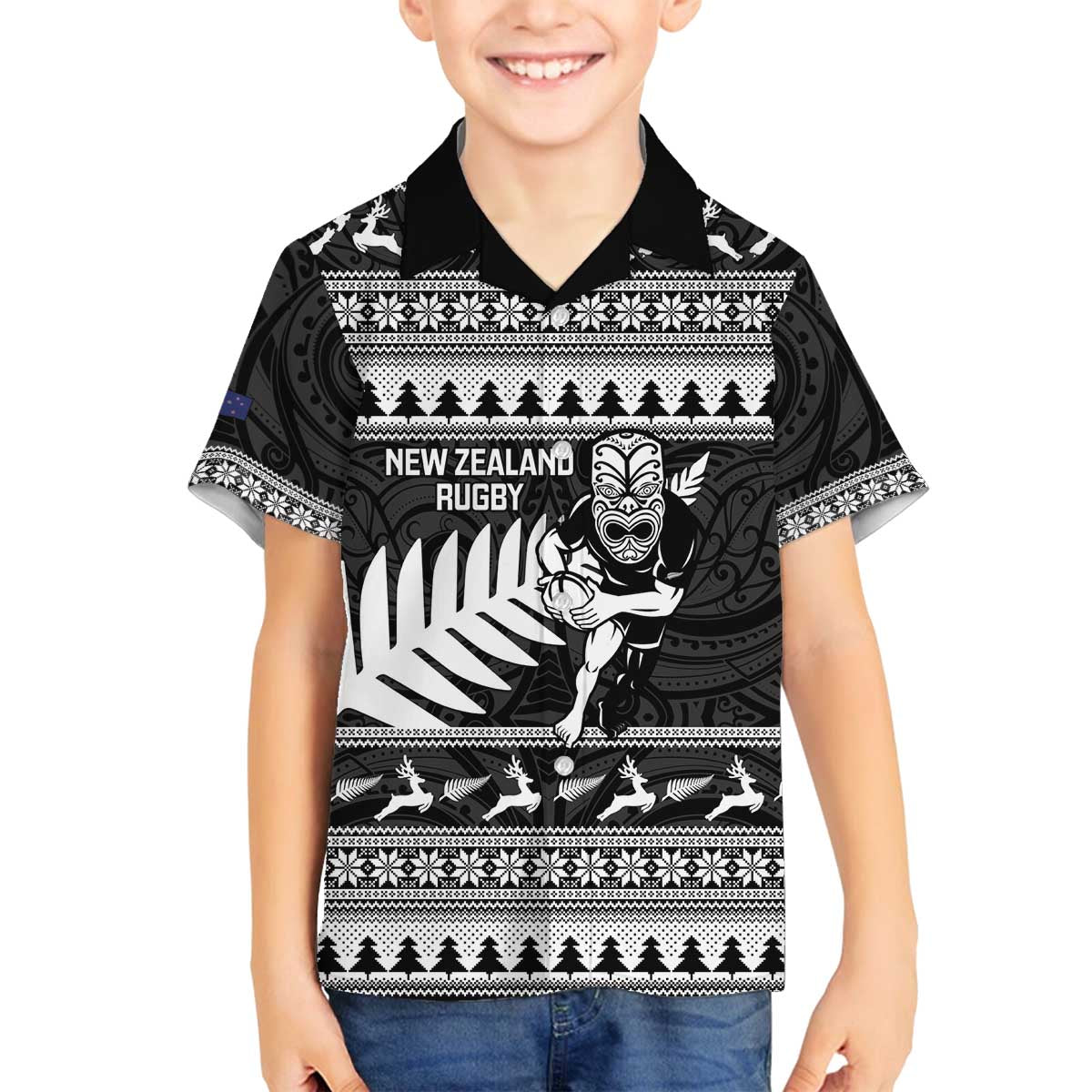 New Zealand Christmas Rugby Personalised Family Matching Off The Shoulder Long Sleeve Dress and Hawaiian Shirt Meri Kirihimete All Black Maori LT14 Son's Shirt Black - Polynesian Pride