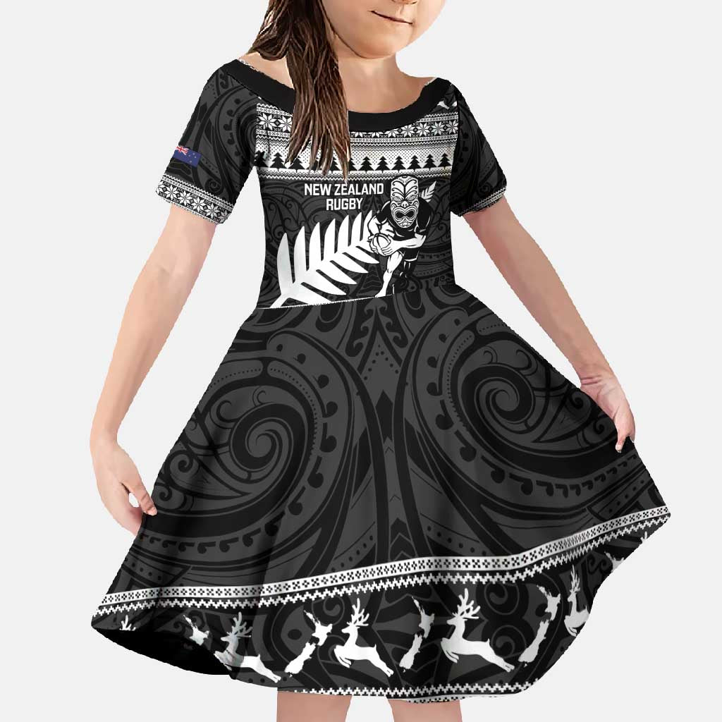 New Zealand Christmas Rugby Personalised Family Matching Off Shoulder Maxi Dress and Hawaiian Shirt Meri Kirihimete All Black Maori LT14 Daughter's Dress Black - Polynesian Pride