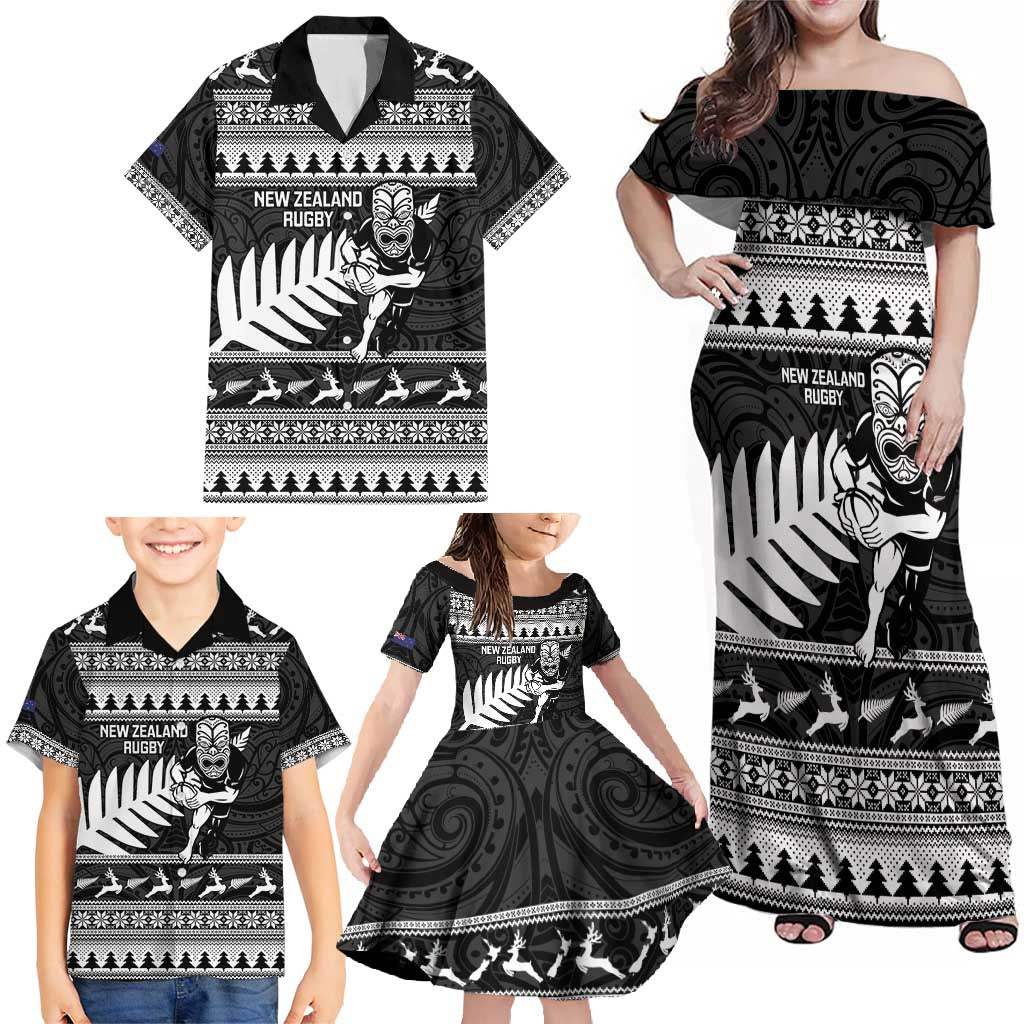 New Zealand Christmas Rugby Personalised Family Matching Off Shoulder Maxi Dress and Hawaiian Shirt Meri Kirihimete All Black Maori - Polynesian Pride