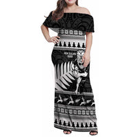 New Zealand Christmas Rugby Personalised Family Matching Off Shoulder Maxi Dress and Hawaiian Shirt Meri Kirihimete All Black Maori LT14 Mom's Dress Black - Polynesian Pride
