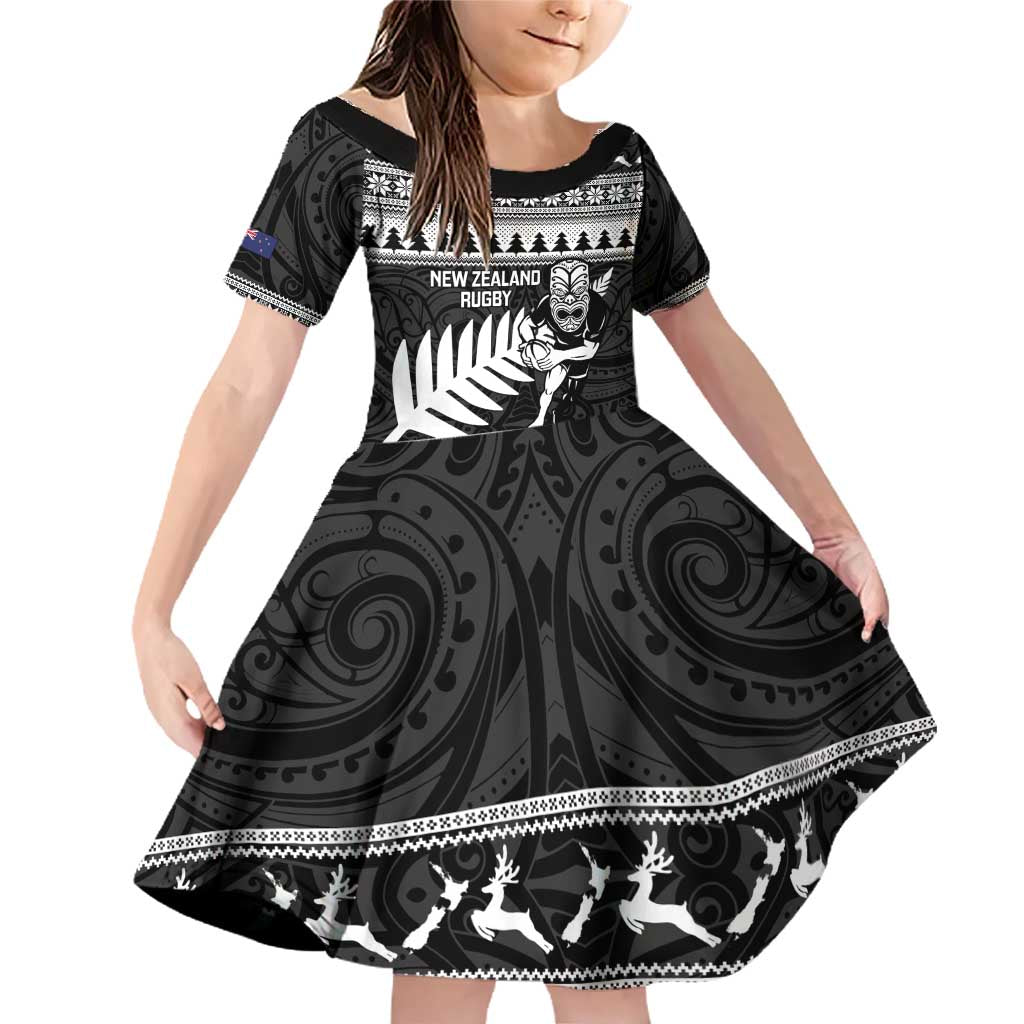 New Zealand Christmas Rugby Personalised Family Matching Off Shoulder Short Dress and Hawaiian Shirt Meri Kirihimete All Black Maori LT14 Daughter's Dress Black - Polynesian Pride