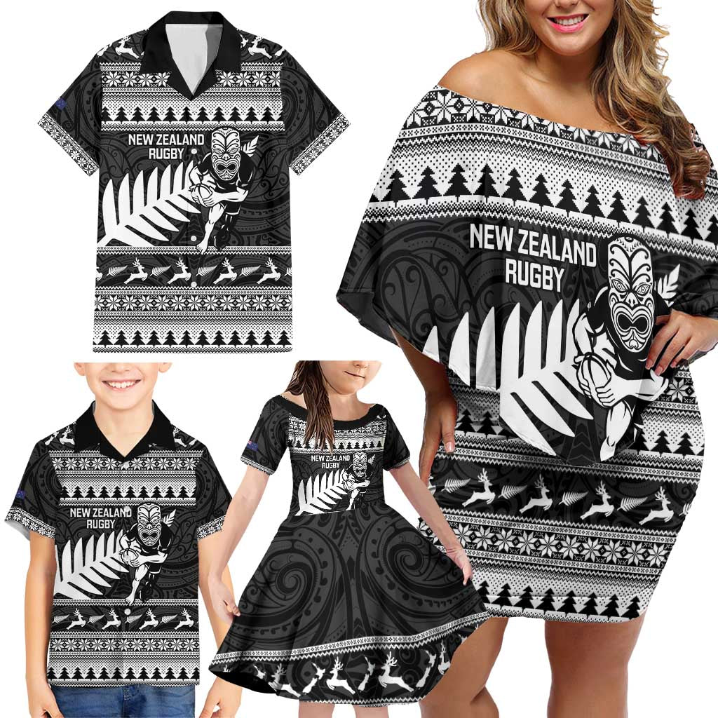 New Zealand Christmas Rugby Personalised Family Matching Off Shoulder Short Dress and Hawaiian Shirt Meri Kirihimete All Black Maori LT14 - Polynesian Pride