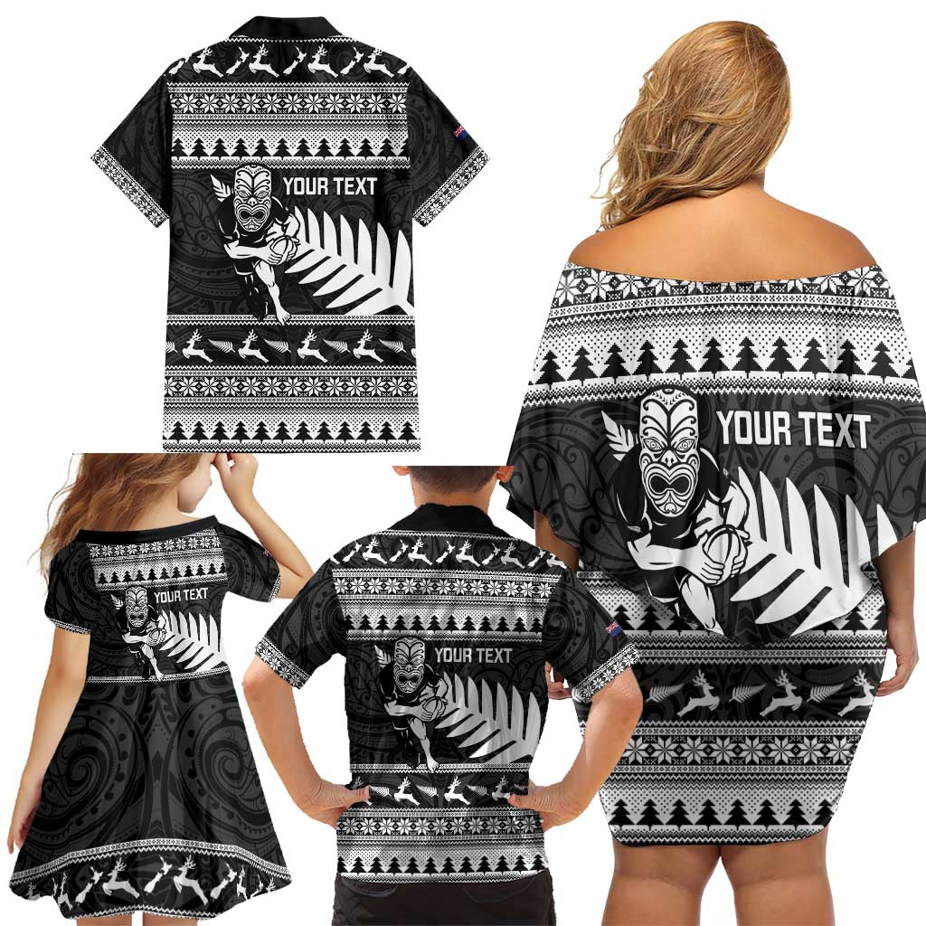 New Zealand Christmas Rugby Personalised Family Matching Off Shoulder Short Dress and Hawaiian Shirt Meri Kirihimete All Black Maori LT14 - Polynesian Pride