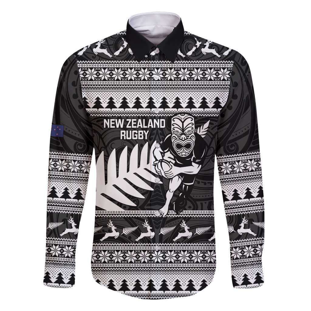 New Zealand Christmas Rugby Personalised Family Matching Off Shoulder Short Dress and Hawaiian Shirt Meri Kirihimete All Black Maori LT14 Dad's Shirt - Long Sleeve Black - Polynesian Pride