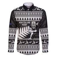 New Zealand Christmas Rugby Personalised Family Matching Off Shoulder Short Dress and Hawaiian Shirt Meri Kirihimete All Black Maori LT14 Dad's Shirt - Long Sleeve Black - Polynesian Pride