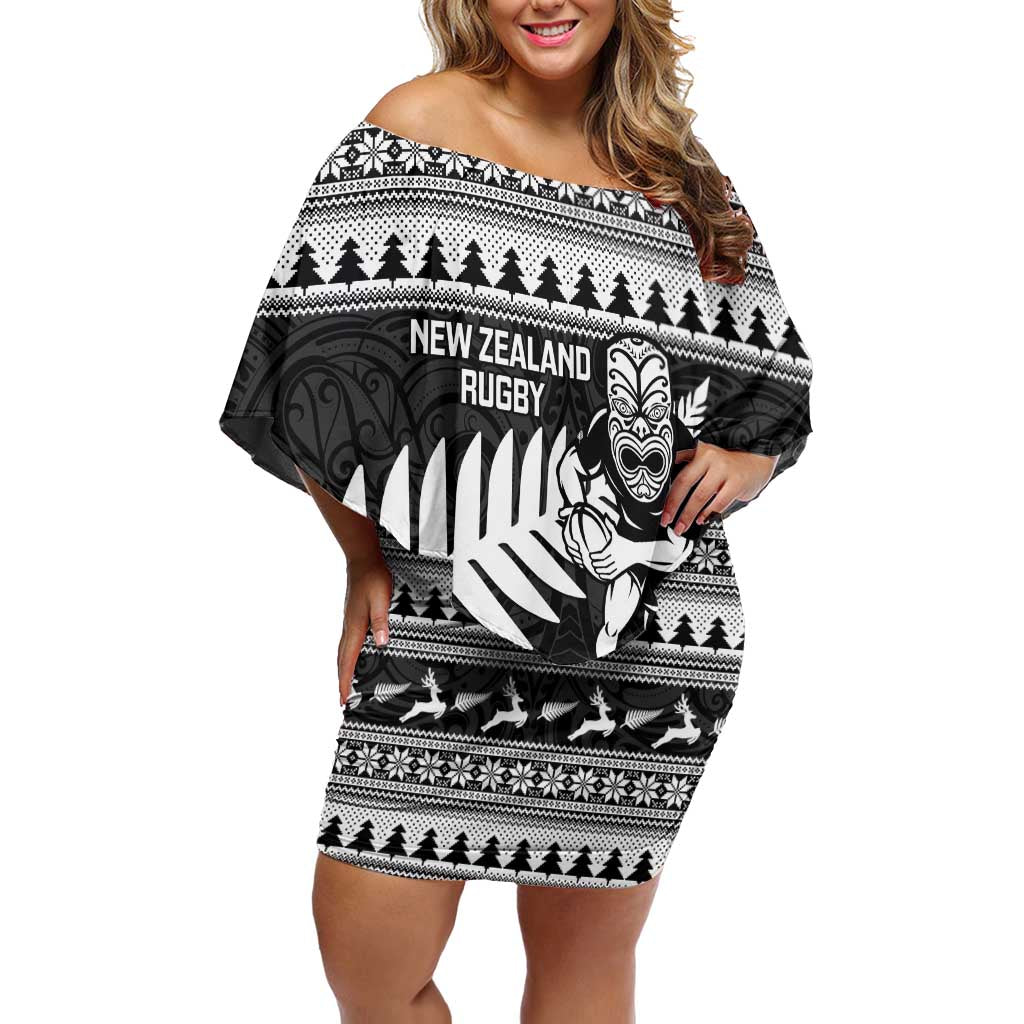 New Zealand Christmas Rugby Personalised Family Matching Off Shoulder Short Dress and Hawaiian Shirt Meri Kirihimete All Black Maori LT14 Mom's Dress Black - Polynesian Pride