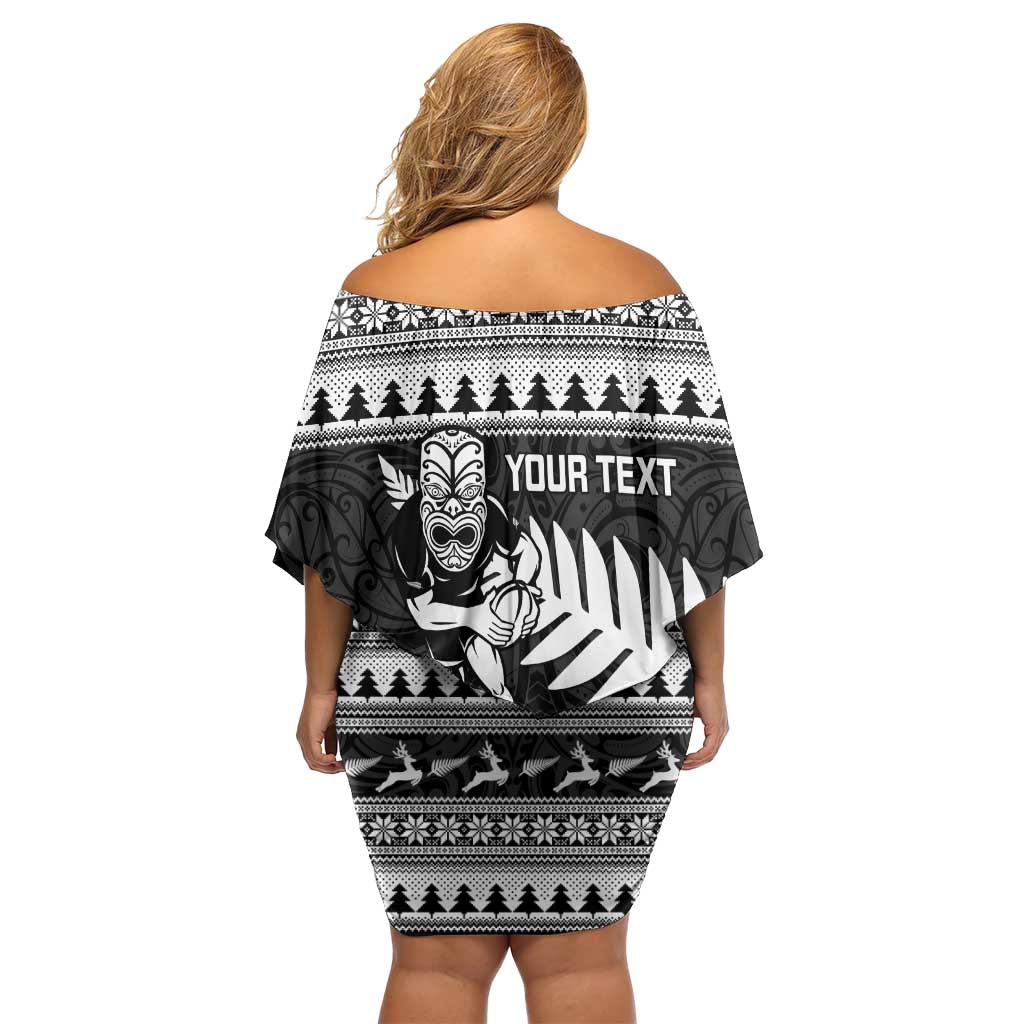 New Zealand Christmas Rugby Personalised Family Matching Off Shoulder Short Dress and Hawaiian Shirt Meri Kirihimete All Black Maori LT14 - Polynesian Pride