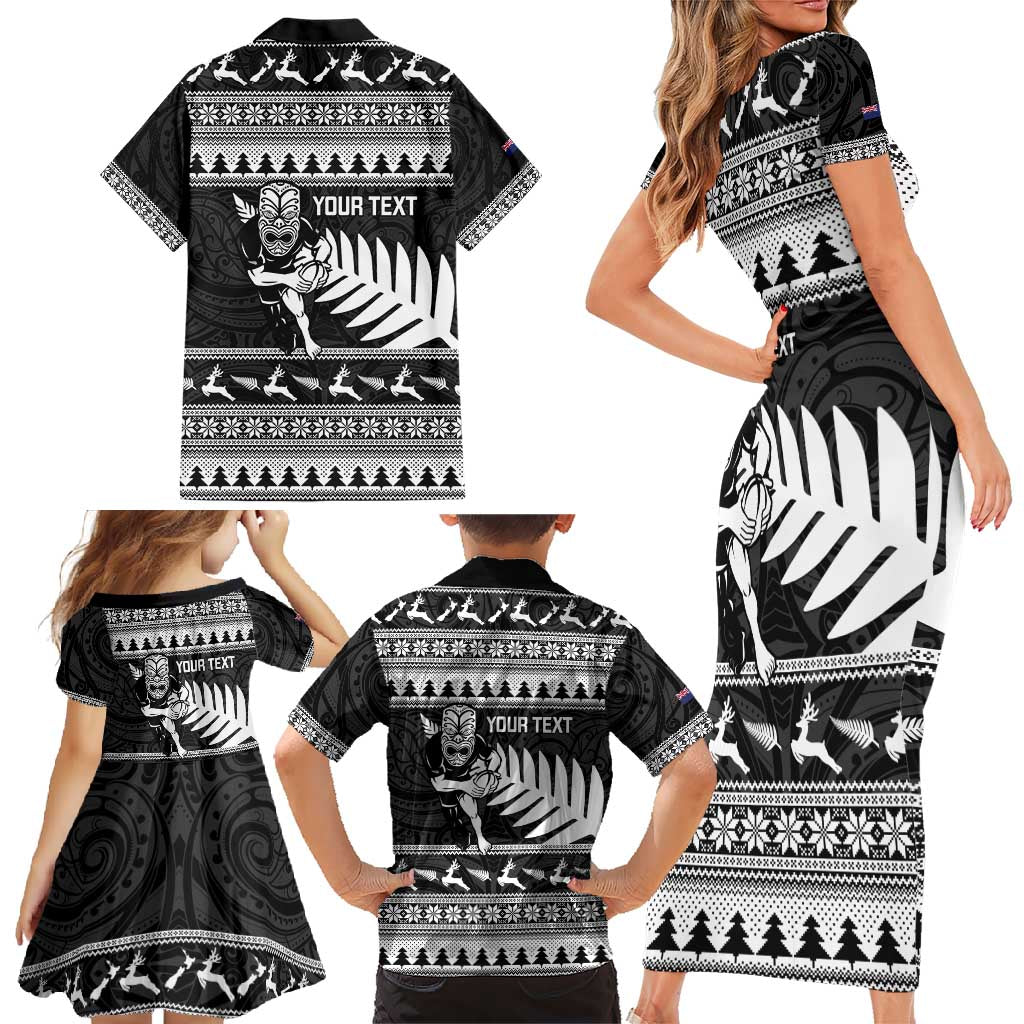 New Zealand Christmas Rugby Personalised Family Matching Short Sleeve Bodycon Dress and Hawaiian Shirt Meri Kirihimete All Black Maori LT14 - Polynesian Pride