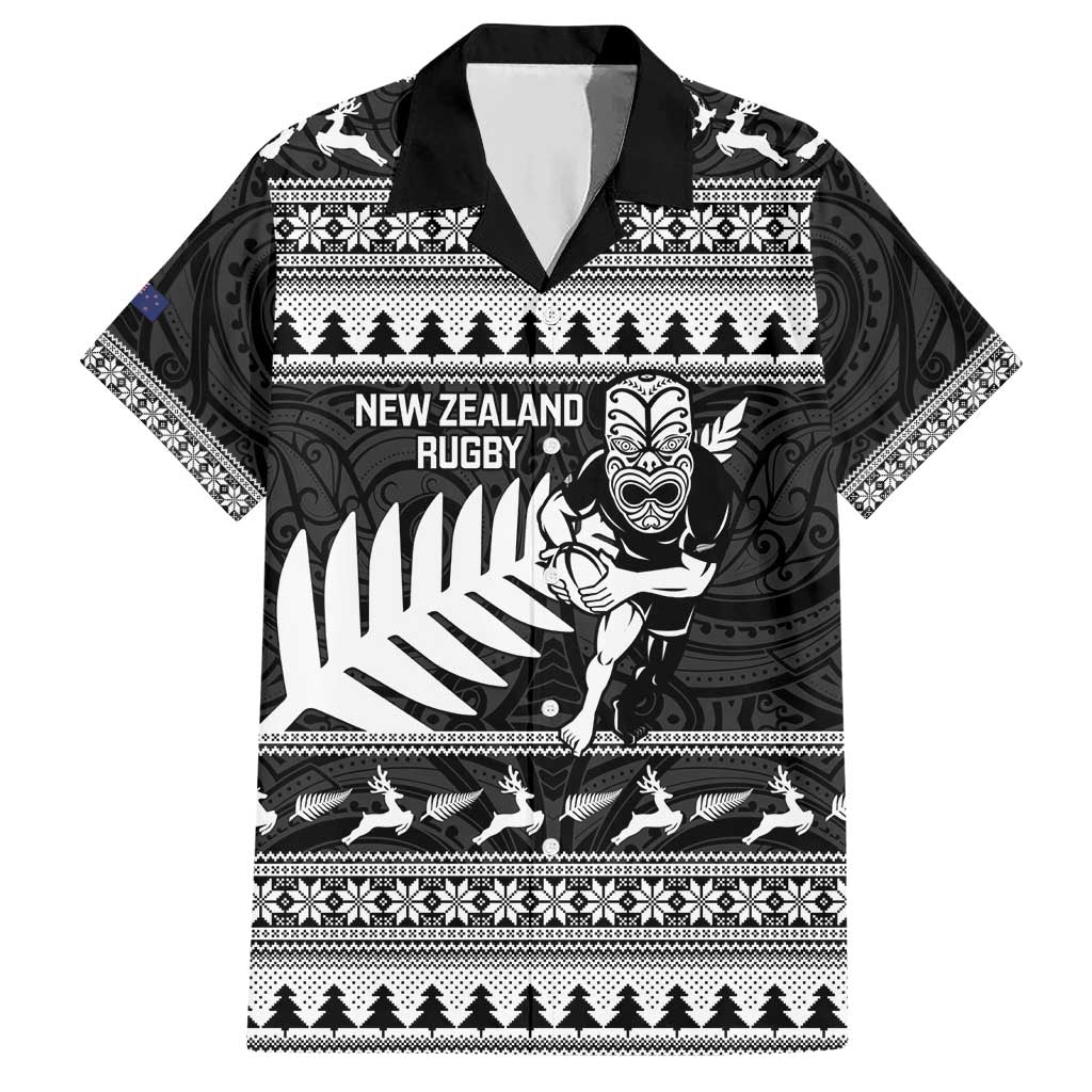 New Zealand Christmas Rugby Personalised Family Matching Short Sleeve Bodycon Dress and Hawaiian Shirt Meri Kirihimete All Black Maori LT14 Dad's Shirt - Short Sleeve Black - Polynesian Pride