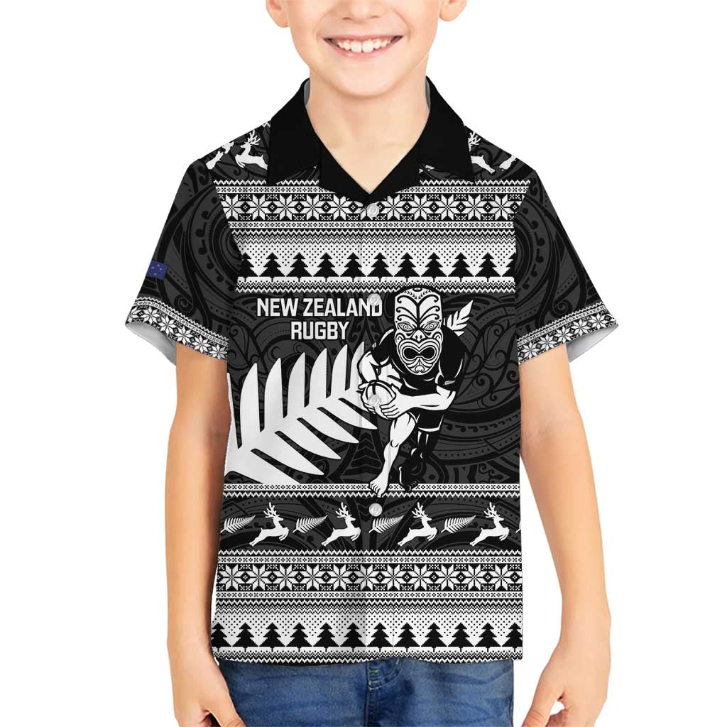New Zealand Christmas Rugby Personalised Family Matching Summer Maxi Dress and Hawaiian Shirt Meri Kirihimete All Black Maori LT14 Son's Shirt Black - Polynesian Pride