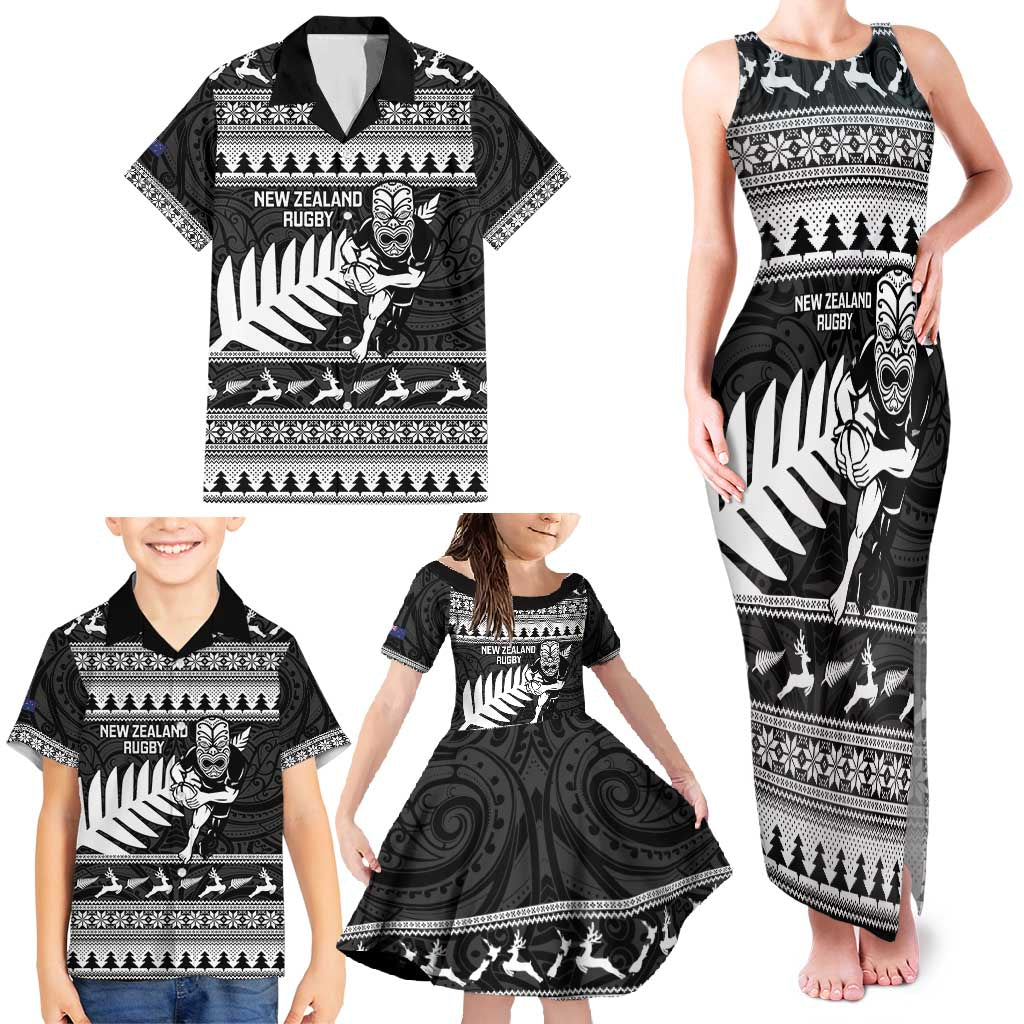 New Zealand Christmas Rugby Personalised Family Matching Tank Maxi Dress and Hawaiian Shirt Meri Kirihimete All Black Maori LT14 - Polynesian Pride