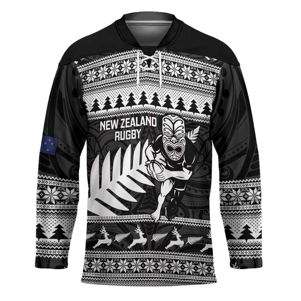 New Zealand Christmas Rugby Personalised Hockey Jersey Meri Kirihimete All Black Maori LT14 Unisex Black - Polynesian Pride