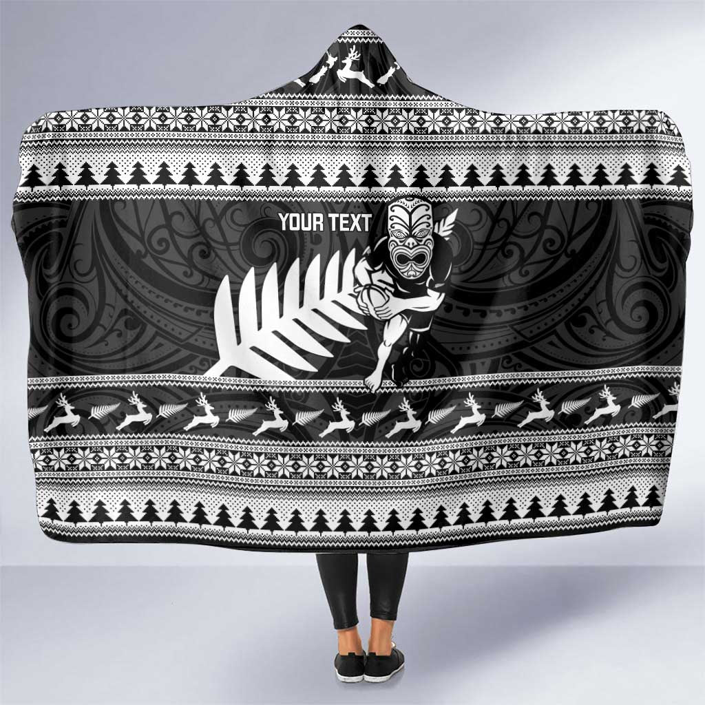 New Zealand Christmas Rugby Personalised Hooded Blanket Meri Kirihimete All Black Maori LT14 One Size Black - Polynesian Pride