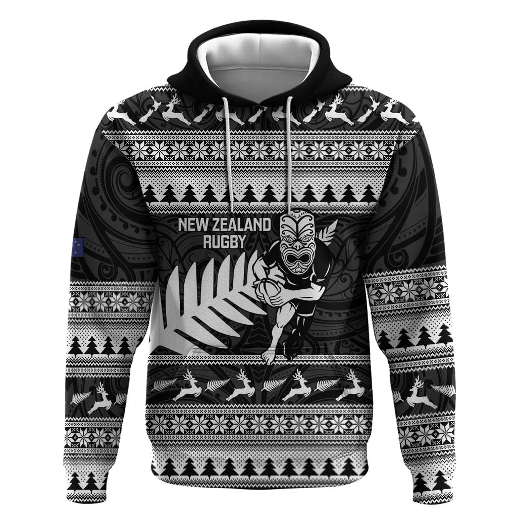 New Zealand Christmas Rugby Personalised Hoodie Meri Kirihimete All Black Maori LT14 Pullover Hoodie Black - Polynesian Pride