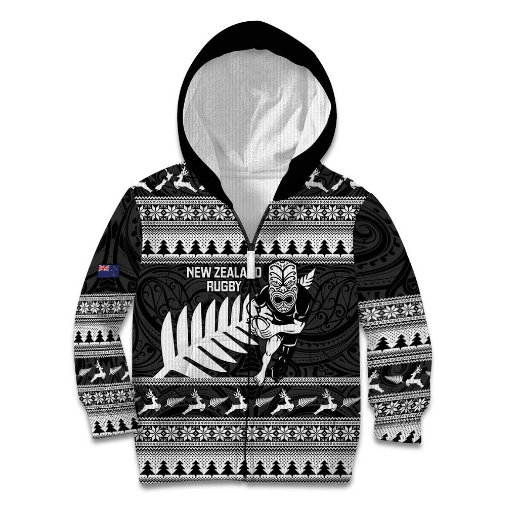 New Zealand Christmas Rugby Personalised Kid Hoodie Meri Kirihimete All Black Maori LT14 Zip Hoodie Black - Polynesian Pride