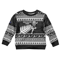 New Zealand Christmas Rugby Personalised Kid Ugly Christmas Sweater Meri Kirihimete All Black Maori LT14 Kid Black - Polynesian Pride