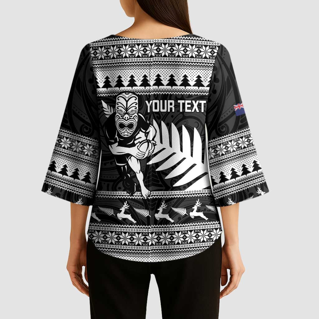 New Zealand Christmas Rugby Personalised Kimono Sleeve Blouse Meri Kirihimete All Black Maori LT14 - Polynesian Pride