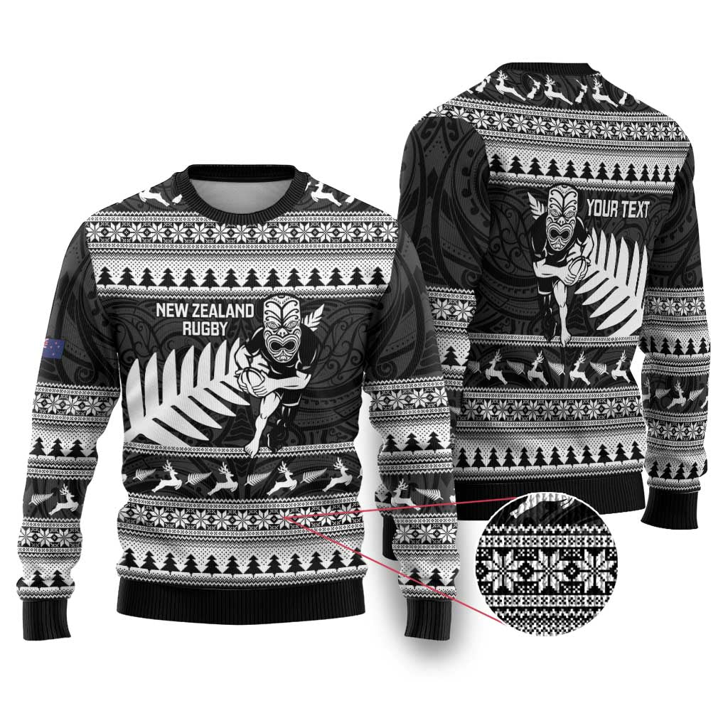 New Zealand Christmas Rugby Personalised Ugly Christmas Sweater Meri Kirihimete All Black Maori LT14 Black - Polynesian Pride