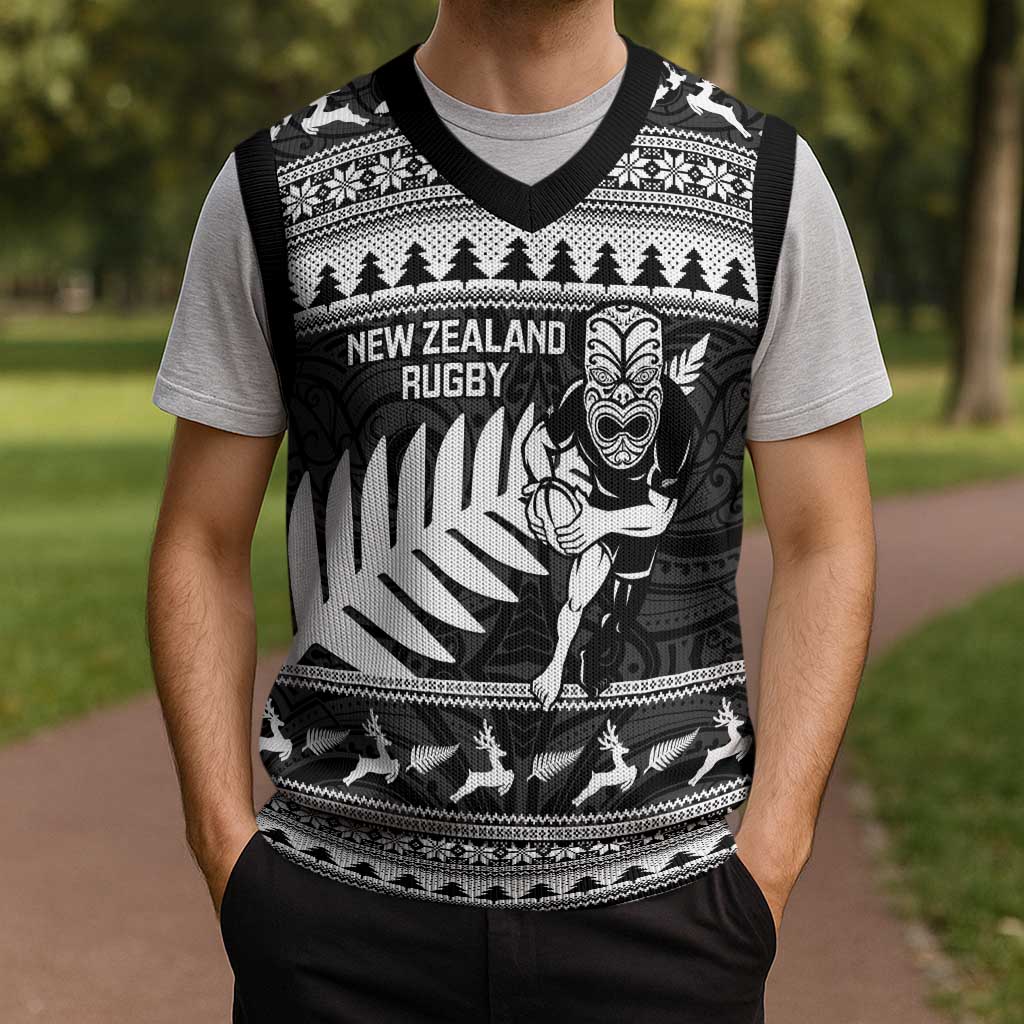 New Zealand Christmas Rugby Personalised Christmas Knitted V-Neck Vest Meri Kirihimete All Black Maori LT14 - Polynesian Pride