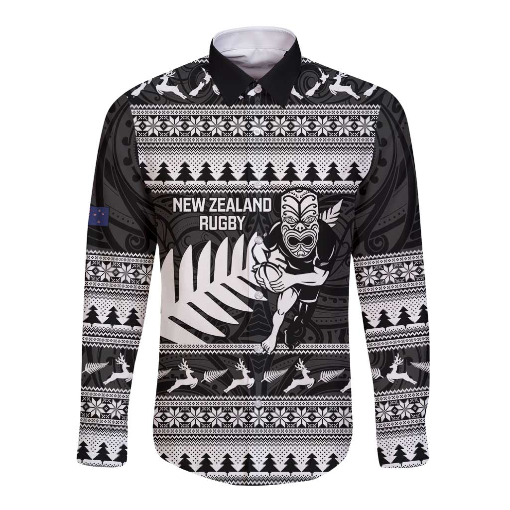New Zealand Christmas Rugby Personalised Long Sleeve Button Shirt Meri Kirihimete All Black Maori - Polynesian Pride