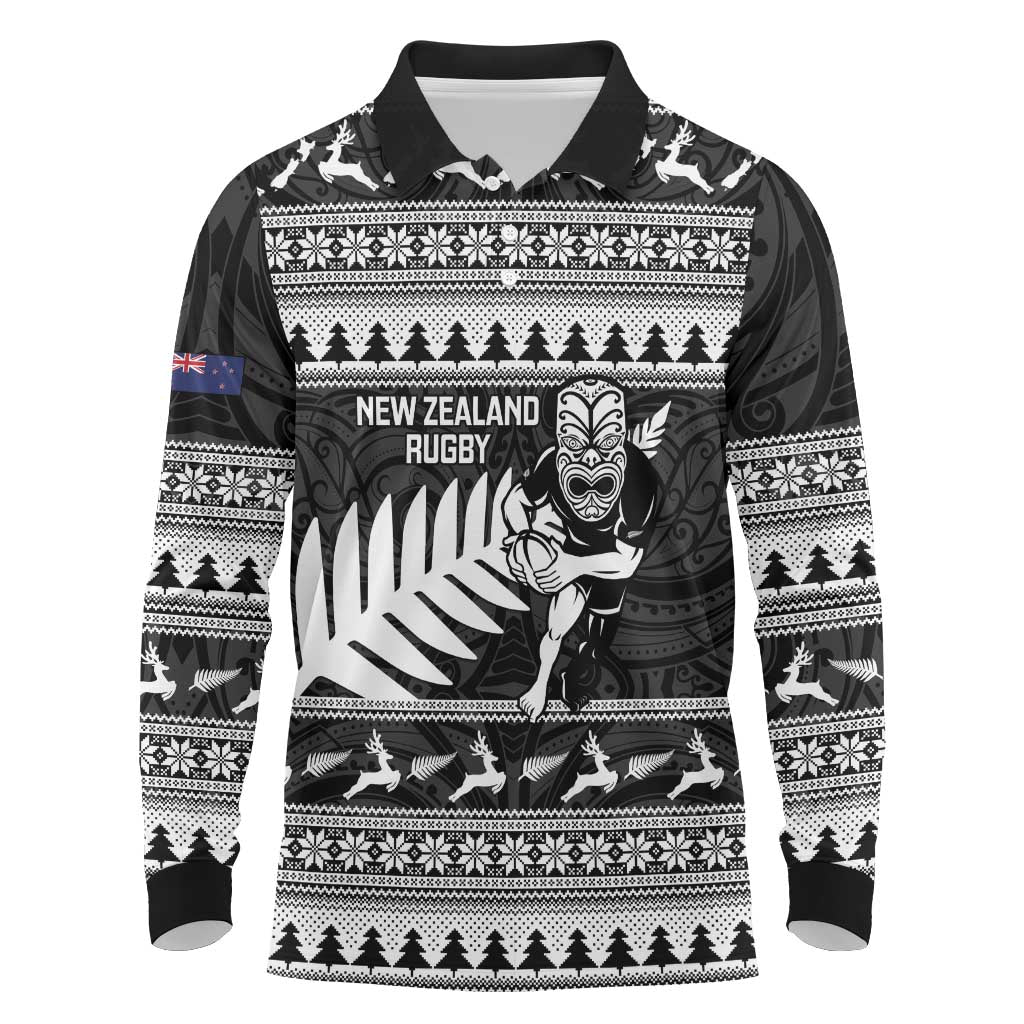 New Zealand Christmas Rugby Personalised Long Sleeve Polo Shirt Meri Kirihimete All Black Maori LT14 Black - Polynesian Pride