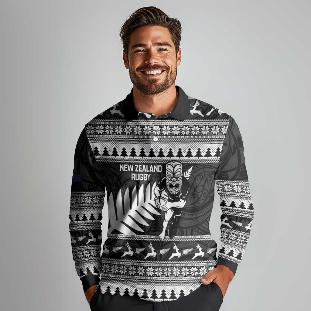 New Zealand Christmas Rugby Personalised Long Sleeve Polo Shirt Meri Kirihimete All Black Maori LT14 - Polynesian Pride