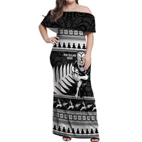 New Zealand Christmas Rugby Personalised Off Shoulder Maxi Dress Meri Kirihimete All Black Maori LT14 Women Black - Polynesian Pride