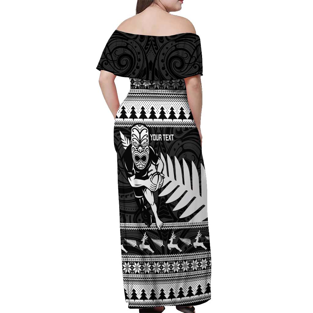New Zealand Christmas Rugby Personalised Off Shoulder Maxi Dress Meri Kirihimete All Black Maori LT14 - Polynesian Pride