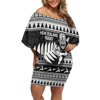 New Zealand Christmas Rugby Personalised Off Shoulder Short Dress Meri Kirihimete All Black Maori LT14 Women Black - Polynesian Pride