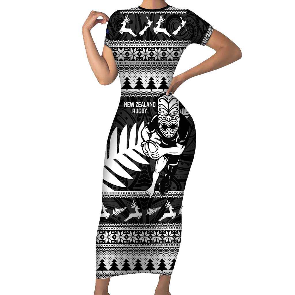 New Zealand Christmas Rugby Personalised Short Sleeve Bodycon Dress Meri Kirihimete All Black Maori - Polynesian Pride