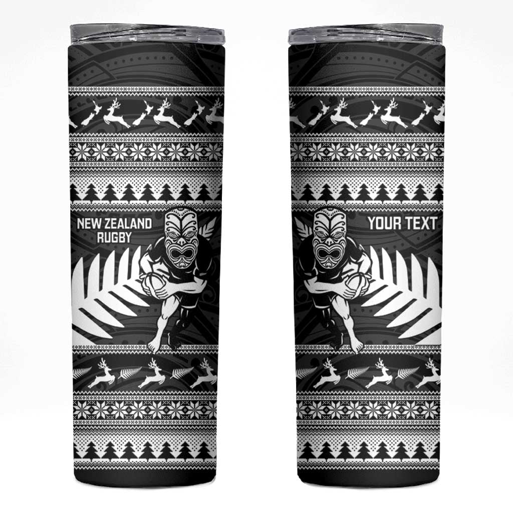 New Zealand Christmas Rugby Personalised Skinny Tumbler Meri Kirihimete All Black Maori LT14 Black - Polynesian Pride
