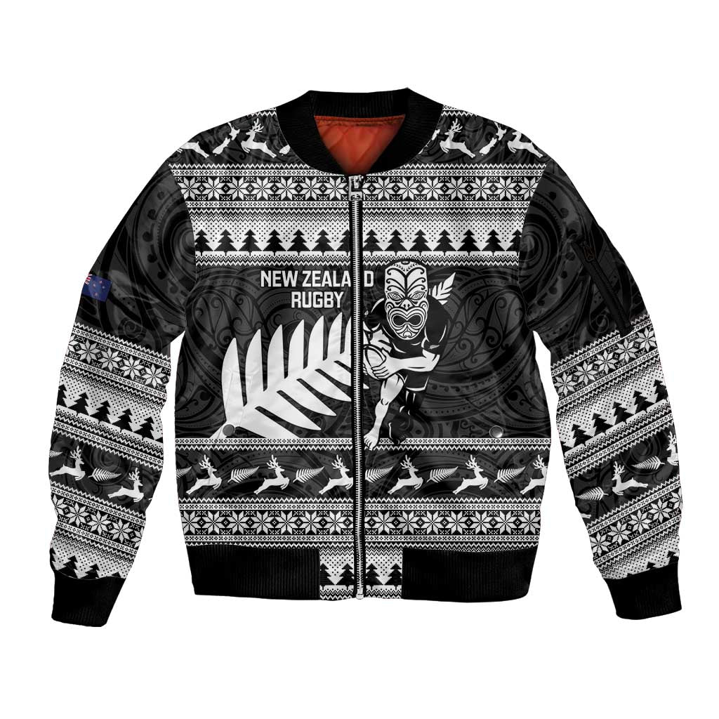 New Zealand Christmas Rugby Personalised Sleeve Zip Bomber Jacket Meri Kirihimete All Black Maori - Polynesian Pride