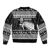New Zealand Christmas Rugby Personalised Sleeve Zip Bomber Jacket Meri Kirihimete All Black Maori - Polynesian Pride