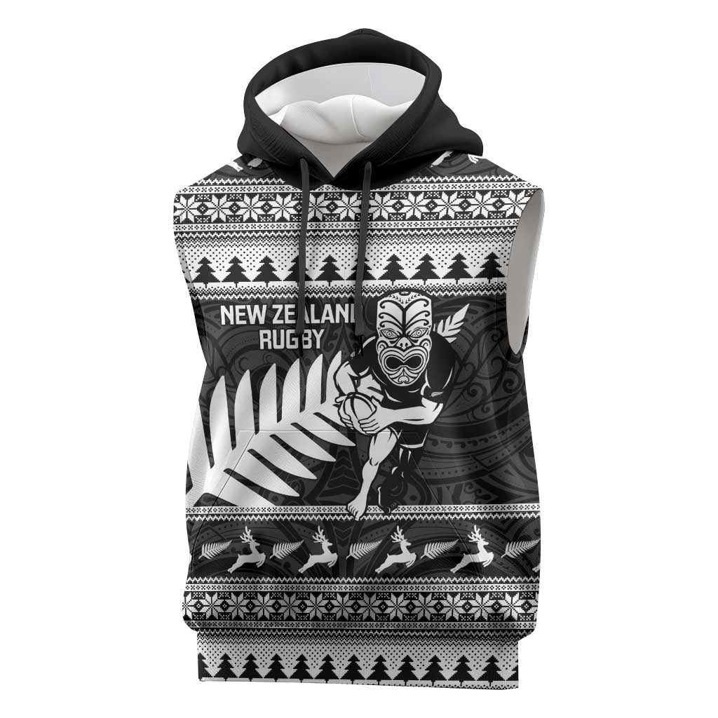 New Zealand Christmas Rugby Personalised Sleeveless Hoodie Meri Kirihimete All Black Maori LT14 Black - Polynesian Pride