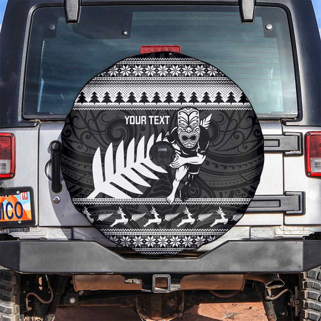 New Zealand Christmas Rugby Personalised Spare Tire Cover Meri Kirihimete All Black Maori LT14 Black - Polynesian Pride
