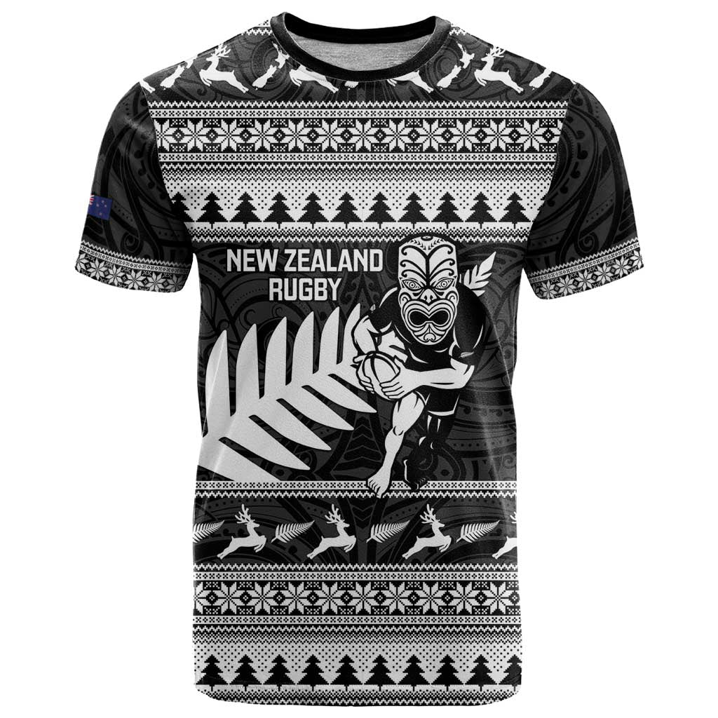 New Zealand Christmas Rugby Personalised T Shirt Meri Kirihimete All Black Maori LT14 Black - Polynesian Pride