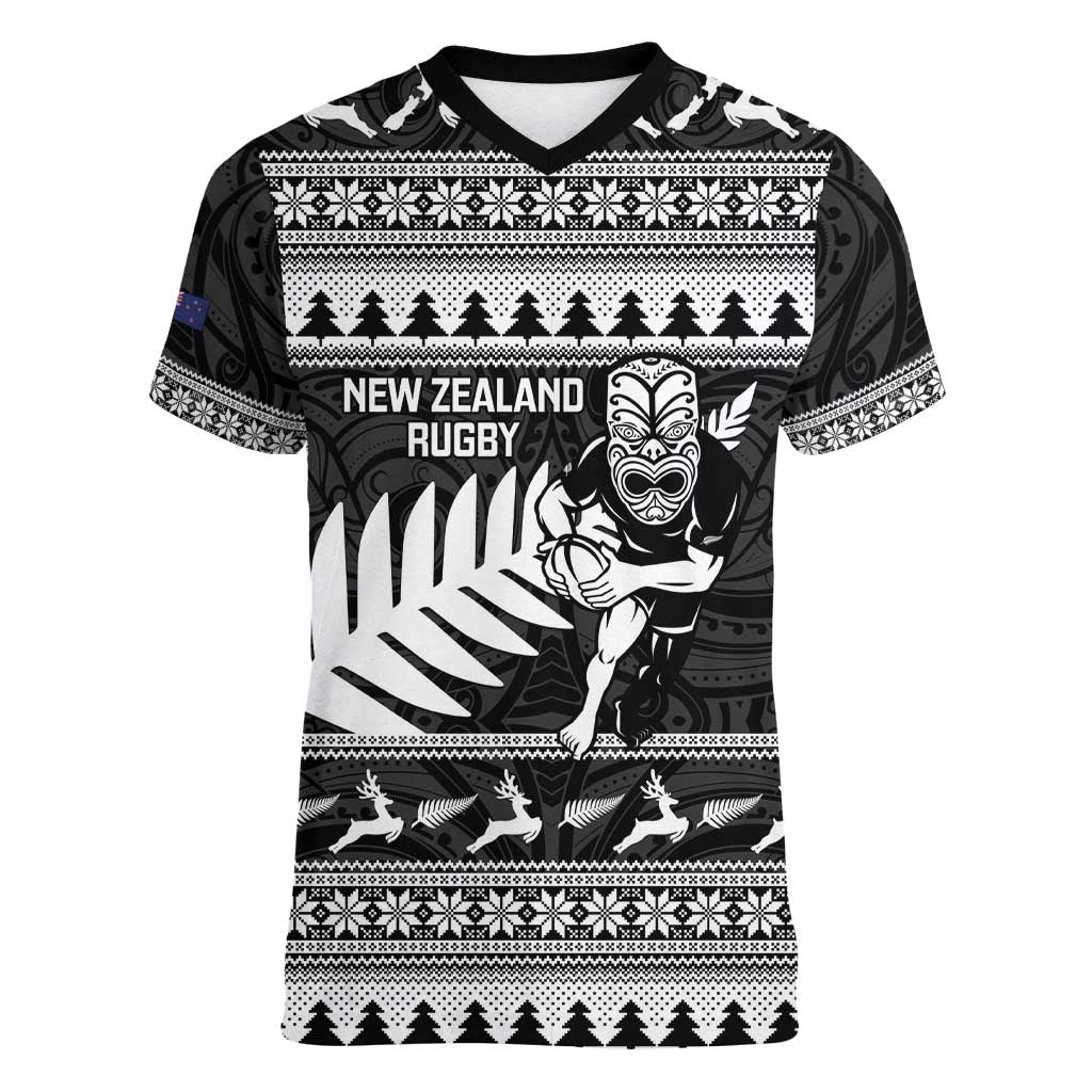 New Zealand Christmas Rugby Personalised Women V-Neck T-Shirt Meri Kirihimete All Black Maori LT14 Female Black - Polynesian Pride