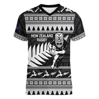 New Zealand Christmas Rugby Personalised Women V-Neck T-Shirt Meri Kirihimete All Black Maori LT14 Female Black - Polynesian Pride