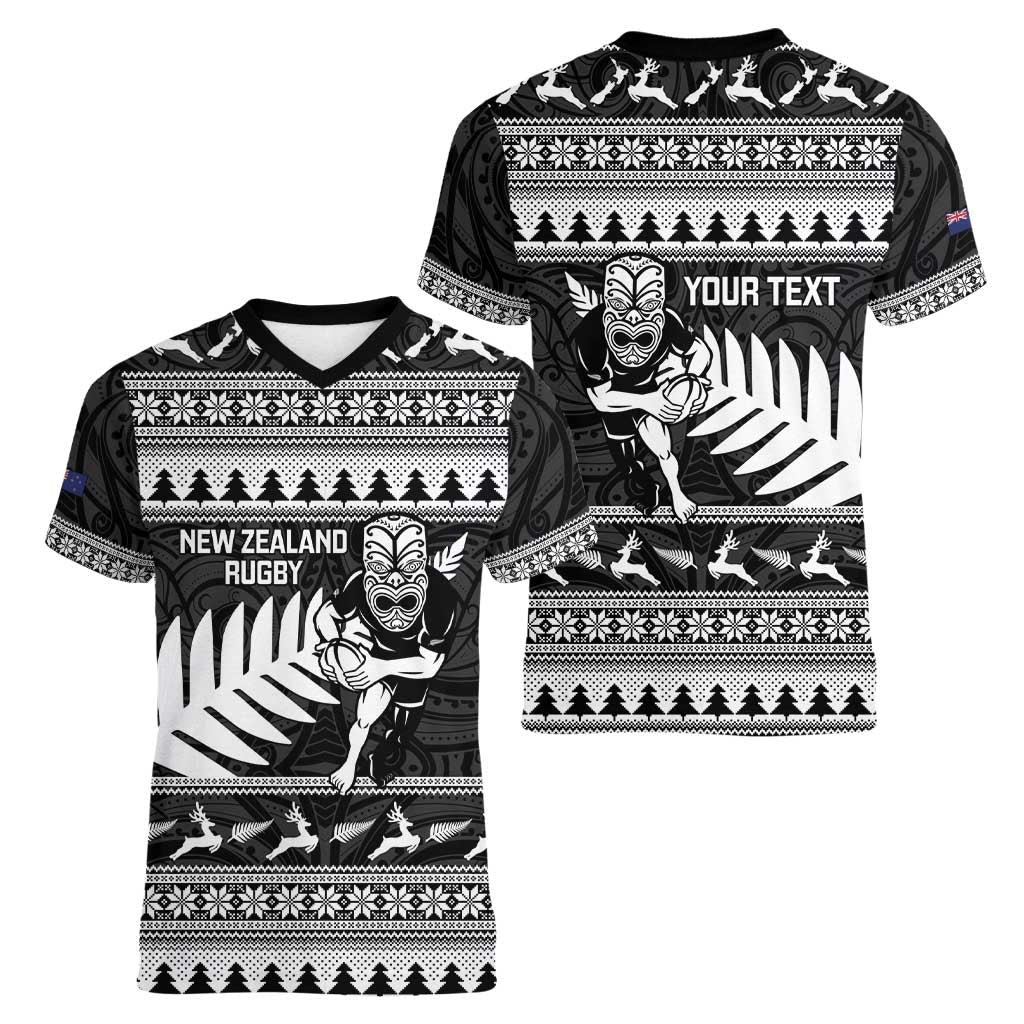 New Zealand Christmas Rugby Personalised Women V-Neck T-Shirt Meri Kirihimete All Black Maori LT14 - Polynesian Pride