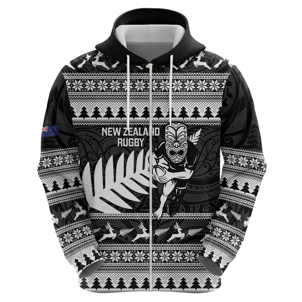 New Zealand Christmas Rugby Personalised Zip Hoodie Meri Kirihimete All Black Maori LT14 - Polynesian Pride